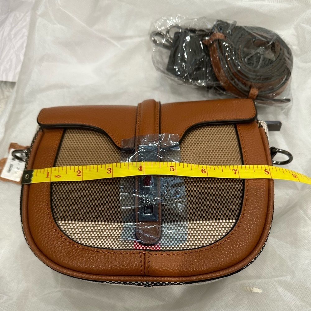Genuine Leather and Woven Checked Mini Crossbody - Picture 15 of 15